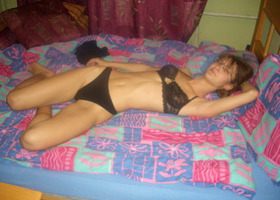 This hot slim girl is my girlfriend Lexy - a thin girl wearing glasses and loving black lingerie. Image 8